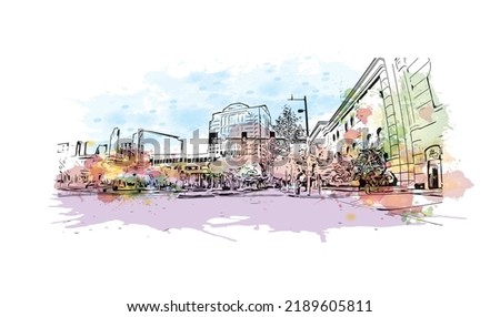 Building view with landmark of Norfolk is the 
city in Virginia. Watercolor splash with hand drawn sketch illustration in vector.