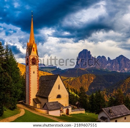 St. Jacob's Church At Sunset - The Jakobskirche, Ortisei in Val Gardena, Italy The Dolomites Mountains In Background,  South Tyrol, Italy
