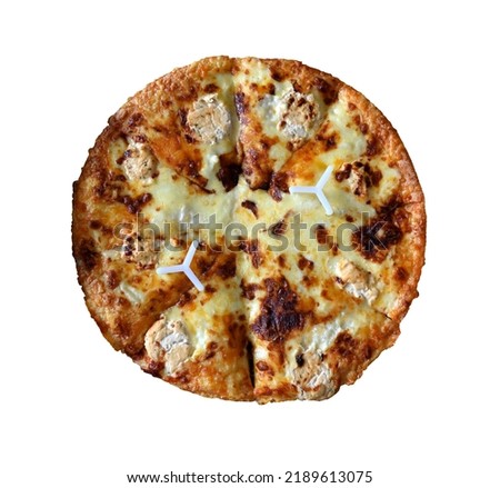Close up of pizza in a cardboard box isolated on white background, selective focus. Clipping path included. 