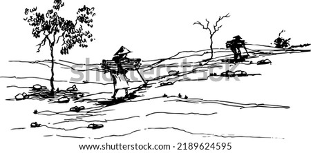 A man bring some firewood on black and white drawing. Hand drawn and converted to vector illustration 