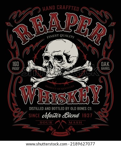Vintage whiskey liquor label t-shirt graphic with antique frame and skull with crossbones Royalty-Free Stock Photo #2189627077