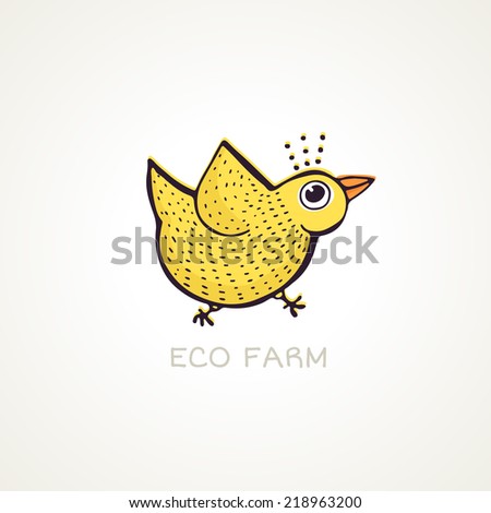 Cute illustration of a chicken made in vetor. Eco farm concept with yellow bird.