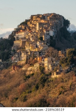 The scenographic village of Rocca Canterano in the late afternoon, in the Province of Rome, Lazio, central Italy. Royalty-Free Stock Photo #2189638519