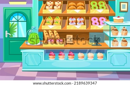 Empty bakery shop with donuts, cakes, croissants, bread and sweets on a showcase. Shelves with pastry in a cafe. Cafeteria interior. Game design concept. Cartoon style vector illustration. Royalty-Free Stock Photo #2189639347