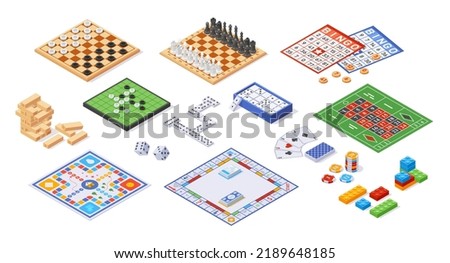 Board game collection. Cartoon funny strategy miniature games for family leisure and recreation, lotto bingo and dice table gaming. Vector isolated set of game activity board illustration Royalty-Free Stock Photo #2189648185