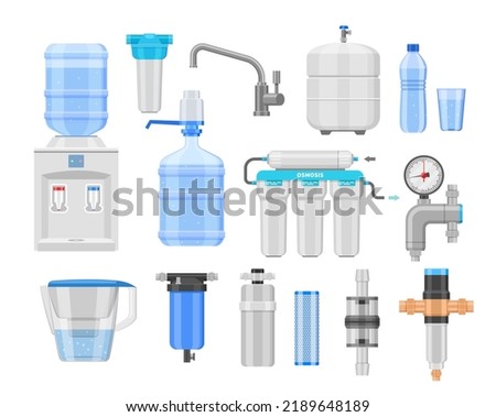 Water purifier. Cleaning filtration and antibacterial water treatment, home purification equipment with filters valve and water tank. Vector isolated set of water filtration system illustration Royalty-Free Stock Photo #2189648189