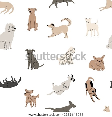 Doodle dog pattern. Seamless print of funny childish puppies for cut dogs brochure, cartoon hand drawn Scandinavian graphic with animal pets. Vector texture of animal pattern illustration