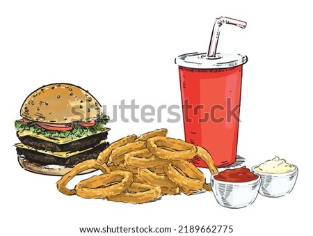 fast food meal onion rings cheeseburger ketchup and mayo and drink icon eating fried yummy american burger isolated on white background