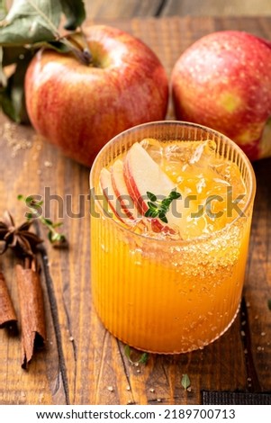 Apple cider margarita with apple slices, cinnamon and fresh thyme, fall cocktail or mocktail idea