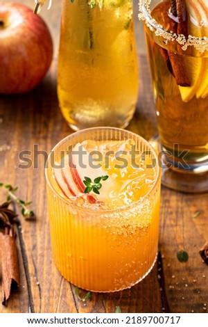 Apple cider margarita with apple slices, cinnamon and fresh thyme, fall cocktail or mocktail idea