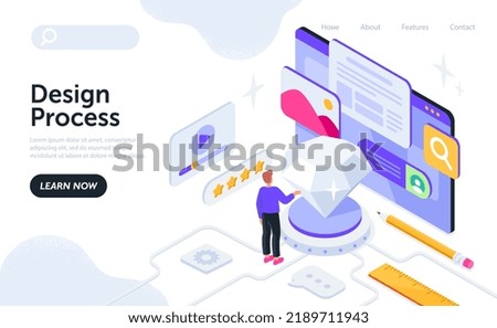 Scene for creation of quality design. Young man works in program and creates beautiful perfect diamond. Metaphor for creative process. Template for landing page. Cartoon isometric vector illustration