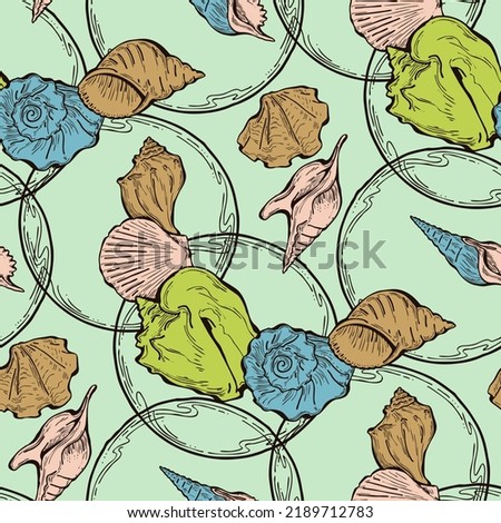 Sea shell decorative seamless abstract pattern. Summer beach holiday, ocean scuba diving and snorkeling theme for textile print, fabric design, wallpaper, background, wrapping paper, trendy fashion.