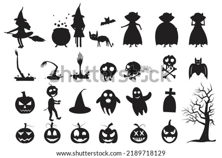 Halloween celebration with silhouettes of witch, vampire, pumpkin, bat, dry tree, skull, boo and witch hat