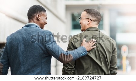 Support, trust and motivation between friends, coworkers and casual men feeling happy about job opportunity or promotion while walking in city during lunch break. Proud guy congratulating his buddy Royalty-Free Stock Photo #2189724727