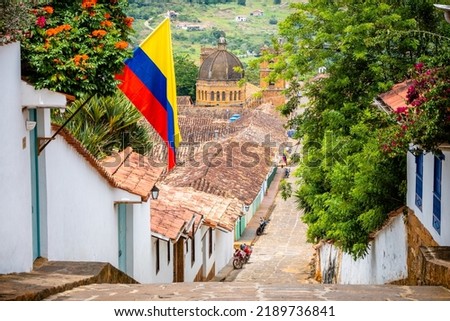 street view of barichara colonial town, colombia Royalty-Free Stock Photo #2189736841