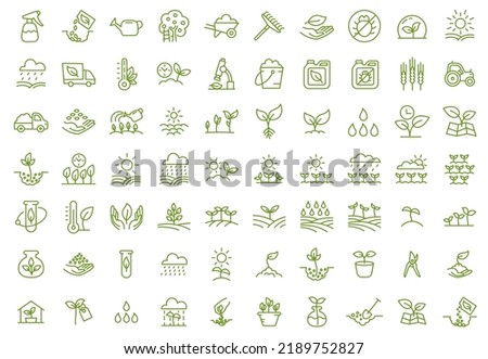 Growing seedlings. Set of icons. Plant shoots. Agriculture and gardener. Sowing seeds. Vector editable outline stroke. Royalty-Free Stock Photo #2189752827