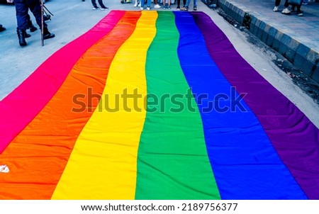 Rainbow colorful flag during LGTB parade at Kathmandu, Nepal.