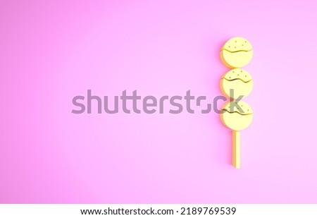 Yellow Takoyaki on a stick icon isolated on pink background. Japanese street food. Minimalism concept. 3d illustration 3D render.