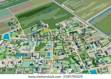 Village aerial view. Panorama of landscape with houses, fields, way and trees.Country neighborhood top view with home roofs and meadows.Town from above.Suburban map.Big countryside.Vector illustration Royalty-Free Stock Photo #2189785029