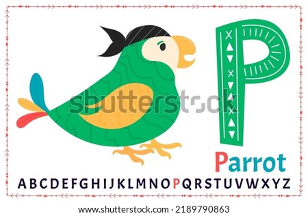Vector alphabet on sea pirate's theme. Letter P. Parrot