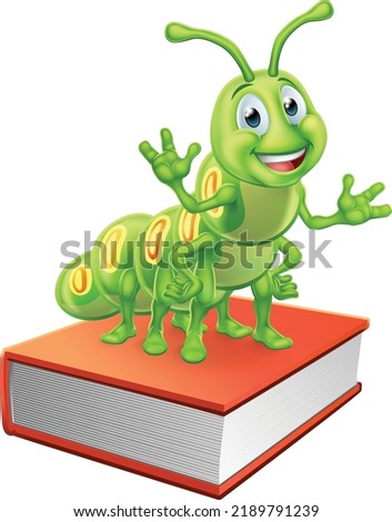 A cute caterpillar bookworm worm cartoon character education mascot on top of a book