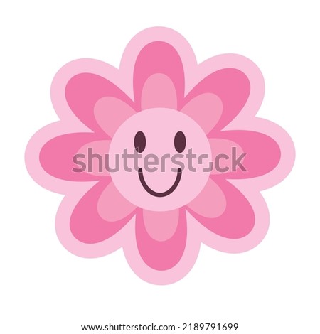 FCute smiling daisy flower in pink color. Vector illustration isolated on white background. Cute y2k clip art, retro, vintage design element. Modern trendy psychedelic smile