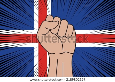 Human fist clenched symbol on flag of Iceland background. Power and strength logo