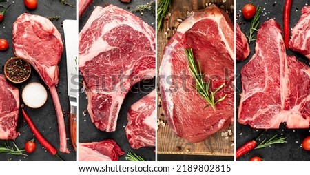 Photo collage .raw beef meat on stone background