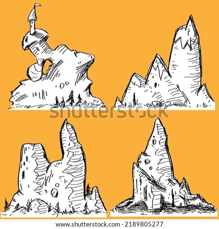 Set or collection of rocky mountains which are doodle drawing in freehand sketch style