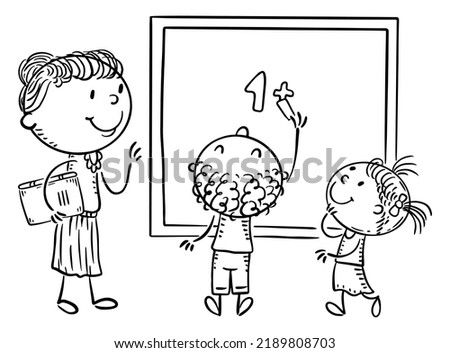 Math lesson, teacher and students writing on the blackboard. Line drawing vector clip art.