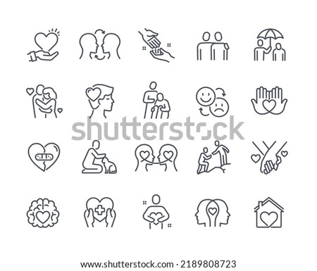 Empathy line icon set. Psychological help, support, comforting hugs and mental health. Design elements for apps and social networks. Cartoon flat vector collection isolated on white background Royalty-Free Stock Photo #2189808723