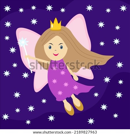 nice little fairy with golden magic wand on black background with stars