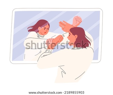 Autoaggression, woman attacks herself, self-criticism Royalty-Free Stock Photo #2189855903