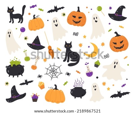 A set of Halloween elements: ghosts, hats, a broom, a black cat, funny pumpkins, a cauldron with a potion, candy. Suitable for scrapbooking, greeting card, party invitation, poster, tag, sticker set. 
