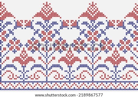 Embroidered cross-stitch floral seamless border pattern. Vector illustration