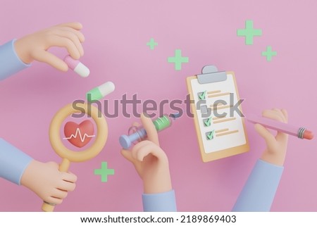 3d prescription rx with pills and medicines. Doctor's paper form, diagnosis, medical list with medications. Medical clip art isolated on pink background. 3d rendering
