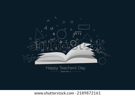Happy teacher's day greeting card. Celebrating Teacher's Day with icon set of paper, book, pencil, heart shape, post card, light bulb, hat, smiley, aero plane, umbrella etc. Royalty-Free Stock Photo #2189872161