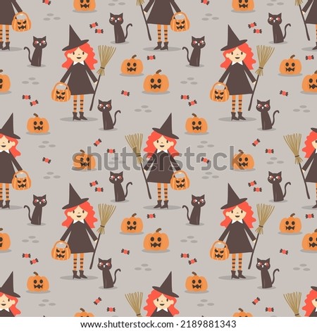 Cute Witch and Halloween Pumpkins Seamless Pattern.