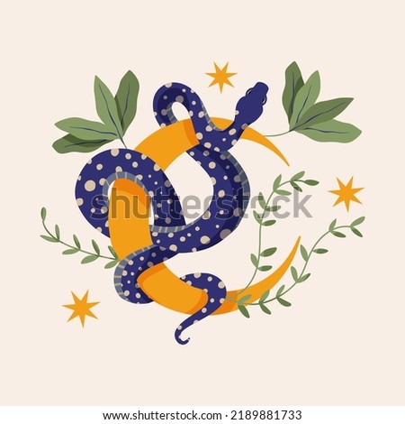 Snake and moon illustrations vector retro design. Python vintage shirt print