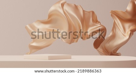 Luxury background for branding and product presentation. Beige color podium on gold fabric flying wave. 3d rendering illustration.