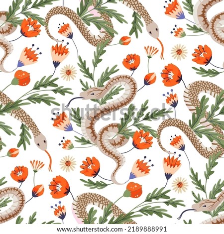 Snake and flower vintage seamless pattern. Tropical animal and rose flower fabric snake art 