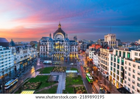 Antwerp, Belgium cityscape and plaza at dawn. Royalty-Free Stock Photo #2189890195
