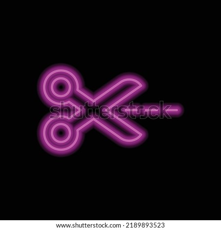 Scissors with cut line simple icon vector. Flat design. Purple neon on black background.ai