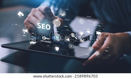 Person working with tcomputer laptop for manage search engine optimization : SEO with social media content and advertisement from website.
