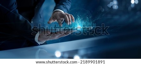 Businessman hold tablet on network structure HR technology - Human resources. Business leadership concept. Management and recruitment. Employment. Social network. Different people.  Royalty-Free Stock Photo #2189901891
