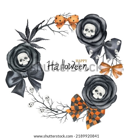 Watercolor halloween wreath. Hand painted background with  skull. Holiday frame