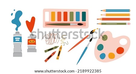 Painting tools elements vector set, cartoon style. Art supplies: paint tubes, brushes, pencil, watercolor, palette. Trendy modern vector illustration isolated on white, hand drawn, flat design. Royalty-Free Stock Photo #2189922385