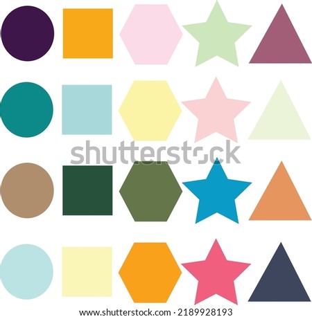 star,circle, rectangle, triangle,shape icons,  and other shapes in a design. with a blend of soft color samples.