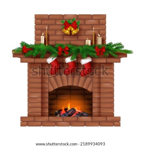 Xmas decor on fireplace. Coziness new year home decorative socks for presents from santa decent vector fireplaces in realistic style Royalty-Free Stock Photo #2189934093