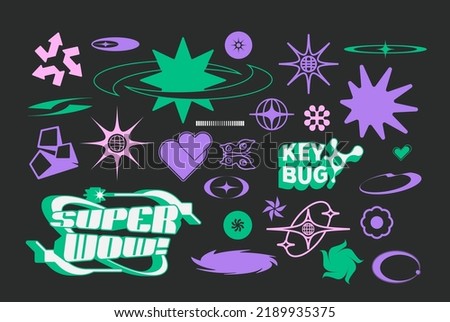 Vector Graphic Assets Set. Bold modern Shapes for Posters Template, flyers, clothes, social media, graphic design, sticker, In Y2k style, Futuristic, Anti-design, Digital Collage, Retro Futurist. Royalty-Free Stock Photo #2189935375